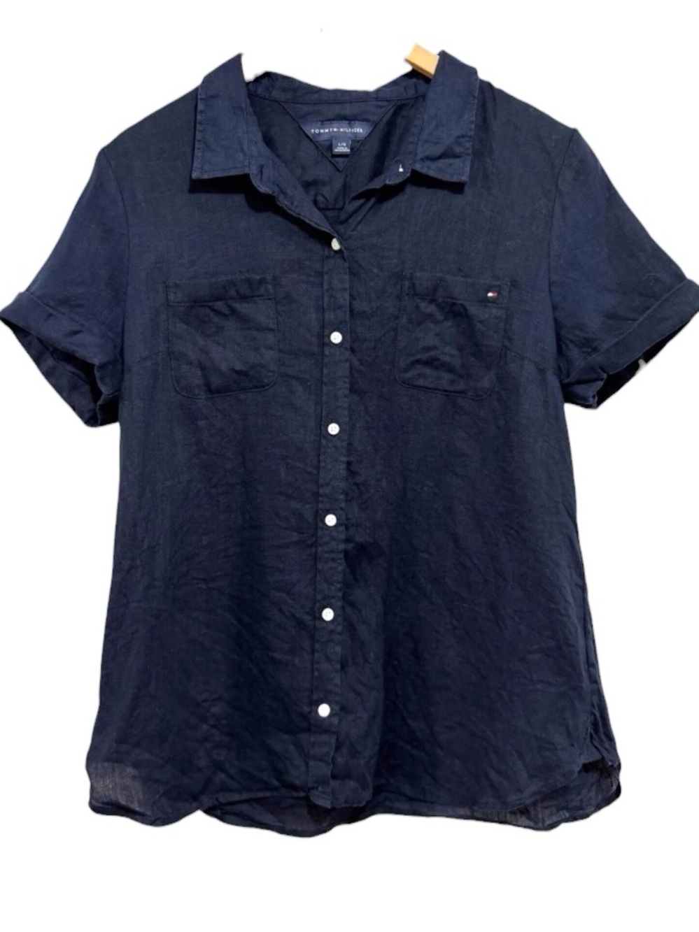 Tommy Hilfiger Navy Blue Short Sleeve Linen blend Button Down Blouse XS - NWT - Picture 3 of 9